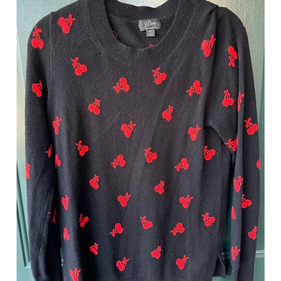 J. Crew 100% Cashmere Cherry Print Sweater Small Black Red Holiday Winter EUC - Picture 1 of 7